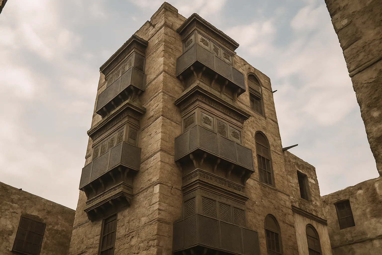 KI-Illustration: Historisches Turmhaus mit hölzernen Erkern in der Altstadt von Dschidda
