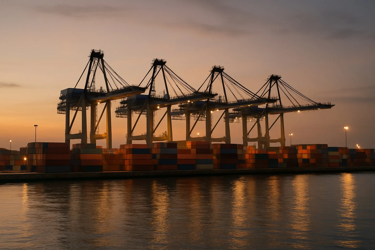 Containerhafen mit Kränen am Meer in der Abenddämmerung