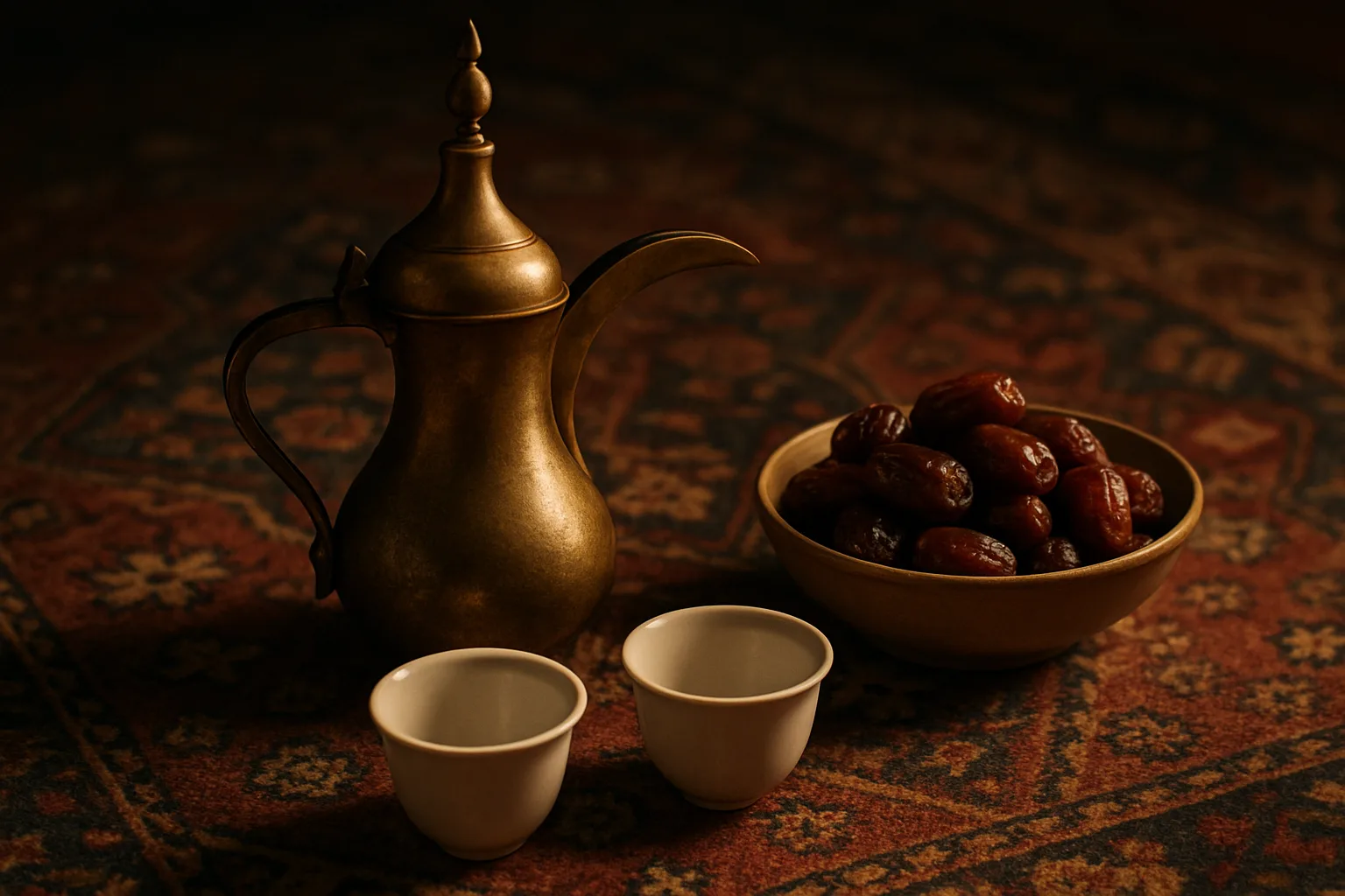 KI-Illustration: Arabische Kaffeekanne mit kleinen Tassen und einer Schale Datteln
