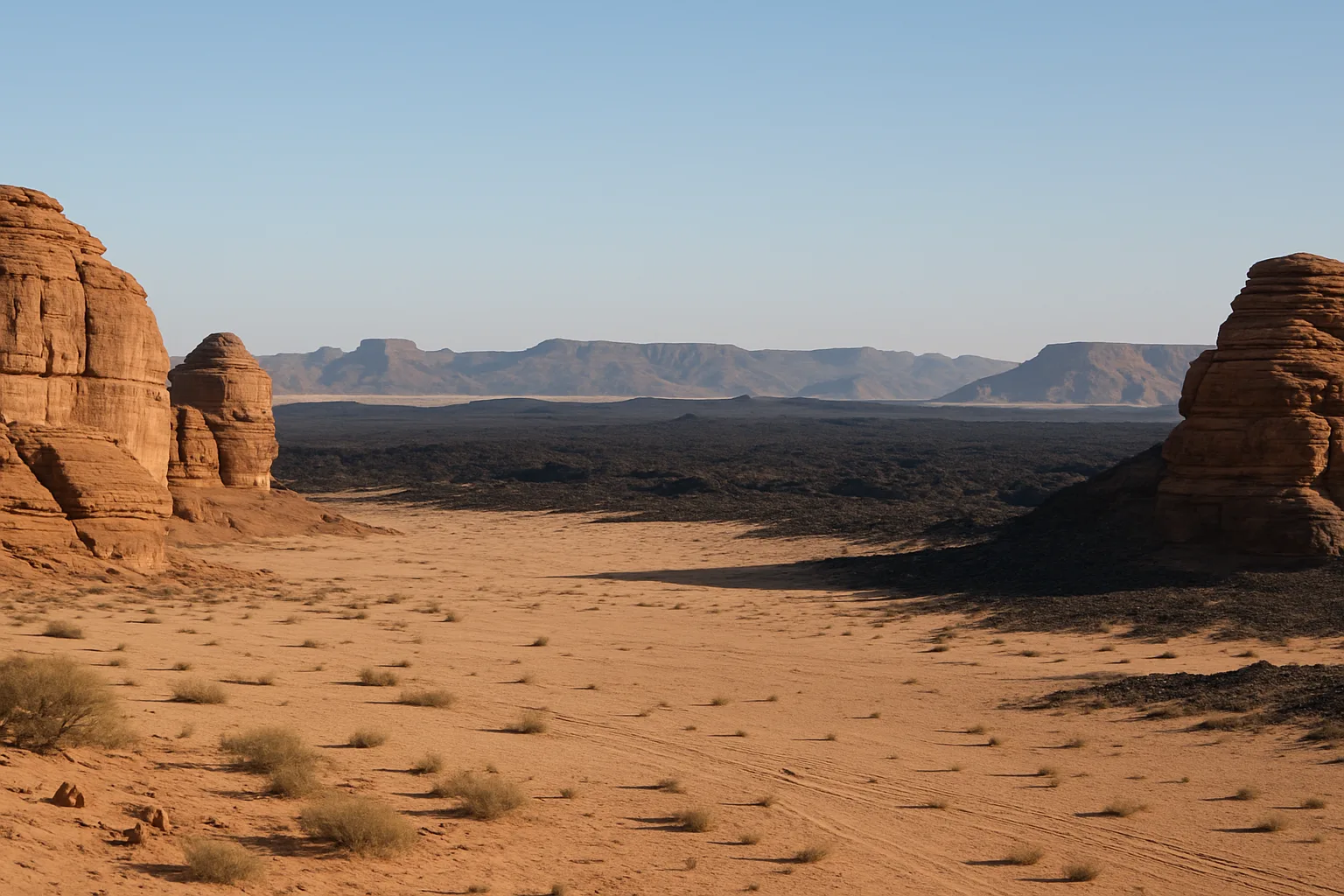 KI-Illustration: Wüste mit Sandsteinfelsen und Lavafeldern im Nordwesten Saudi-Arabiens