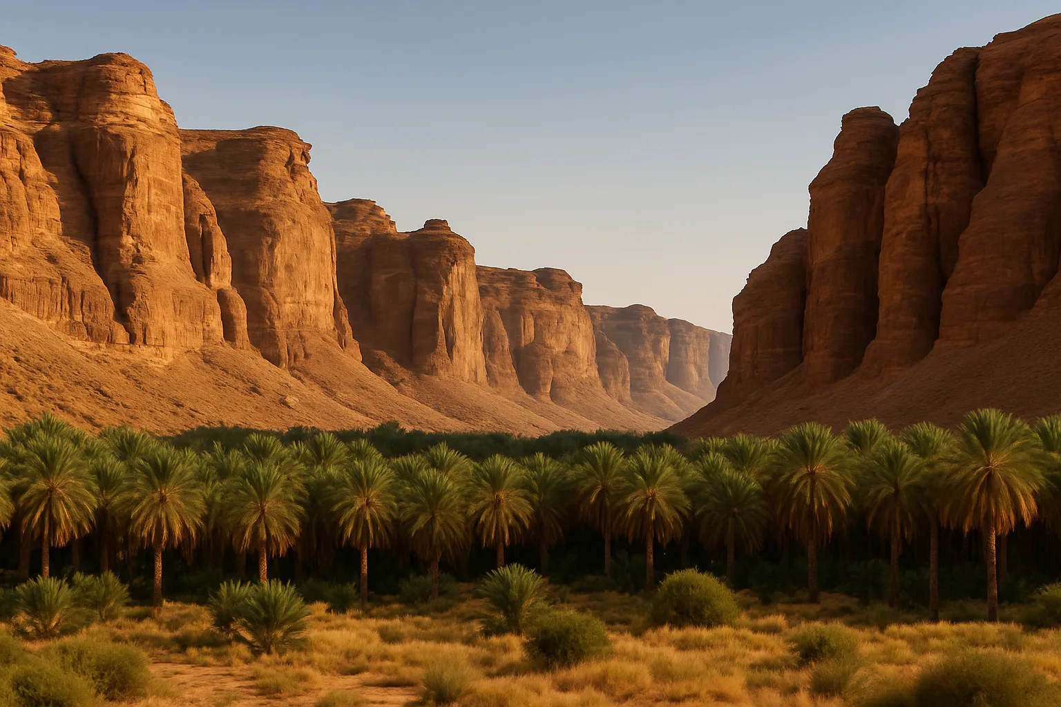 KI-Illustration: Sandsteinfelsen und Palmen im Tal von AlUla bei Abendlicht