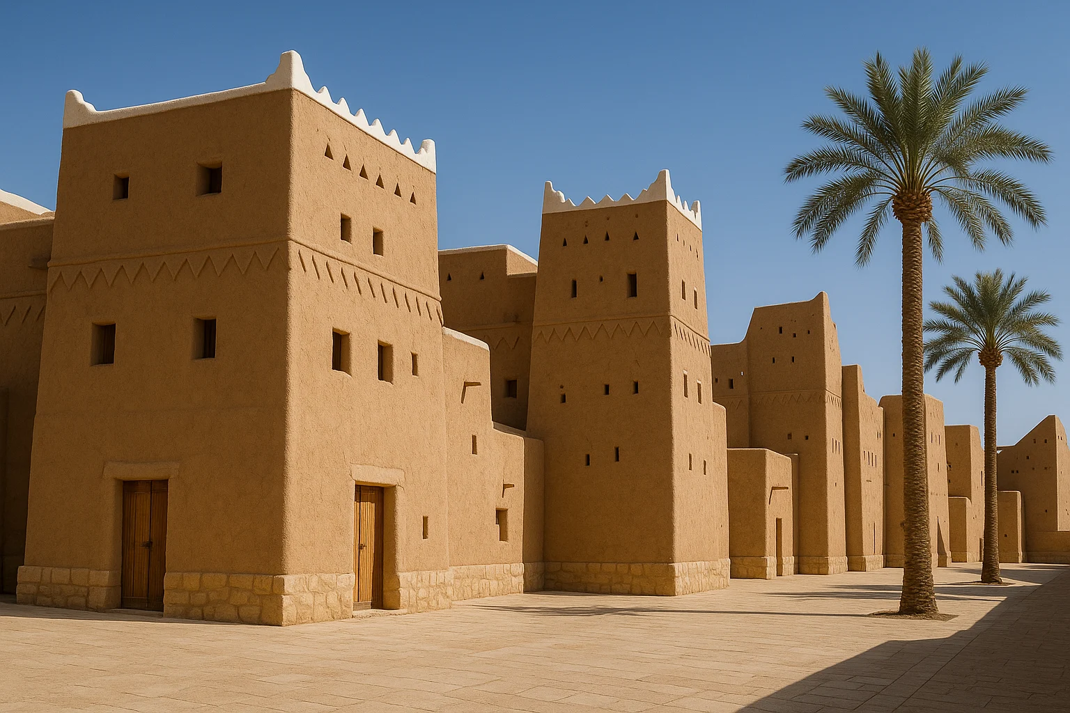 KI-Illustration: Lehmziegelbauten in Diriyya am Wadi Hanifa