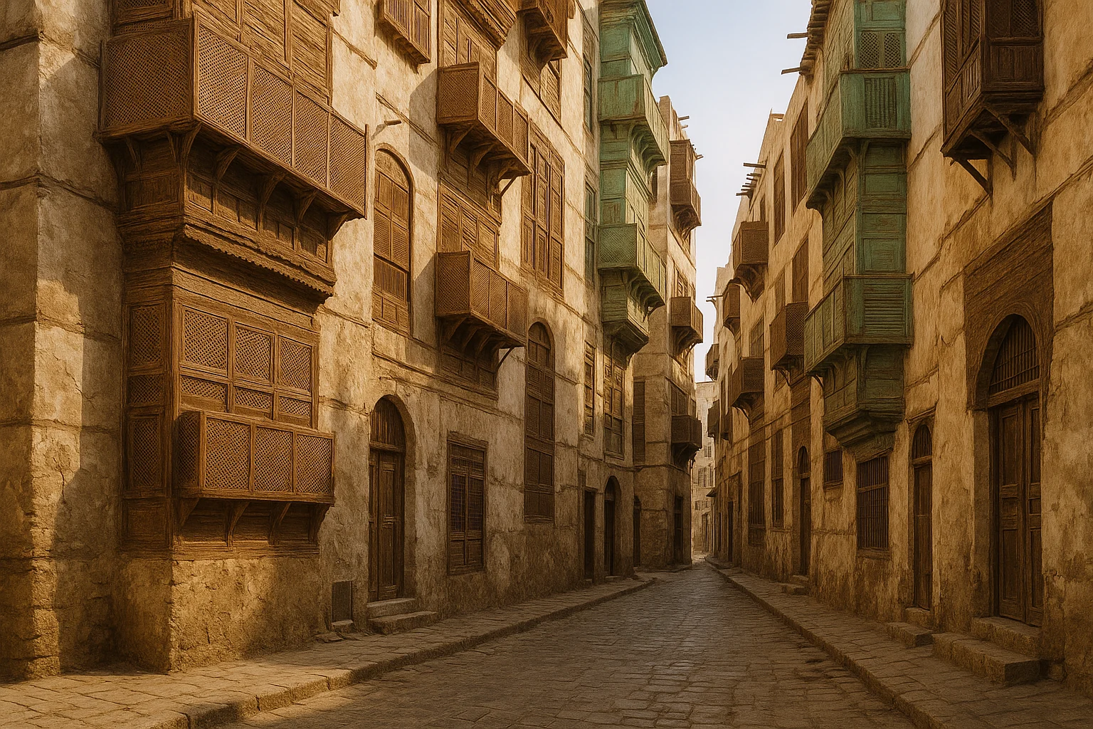 KI-Illustration: Altstadtgasse in Dschidda mit Holzerkern